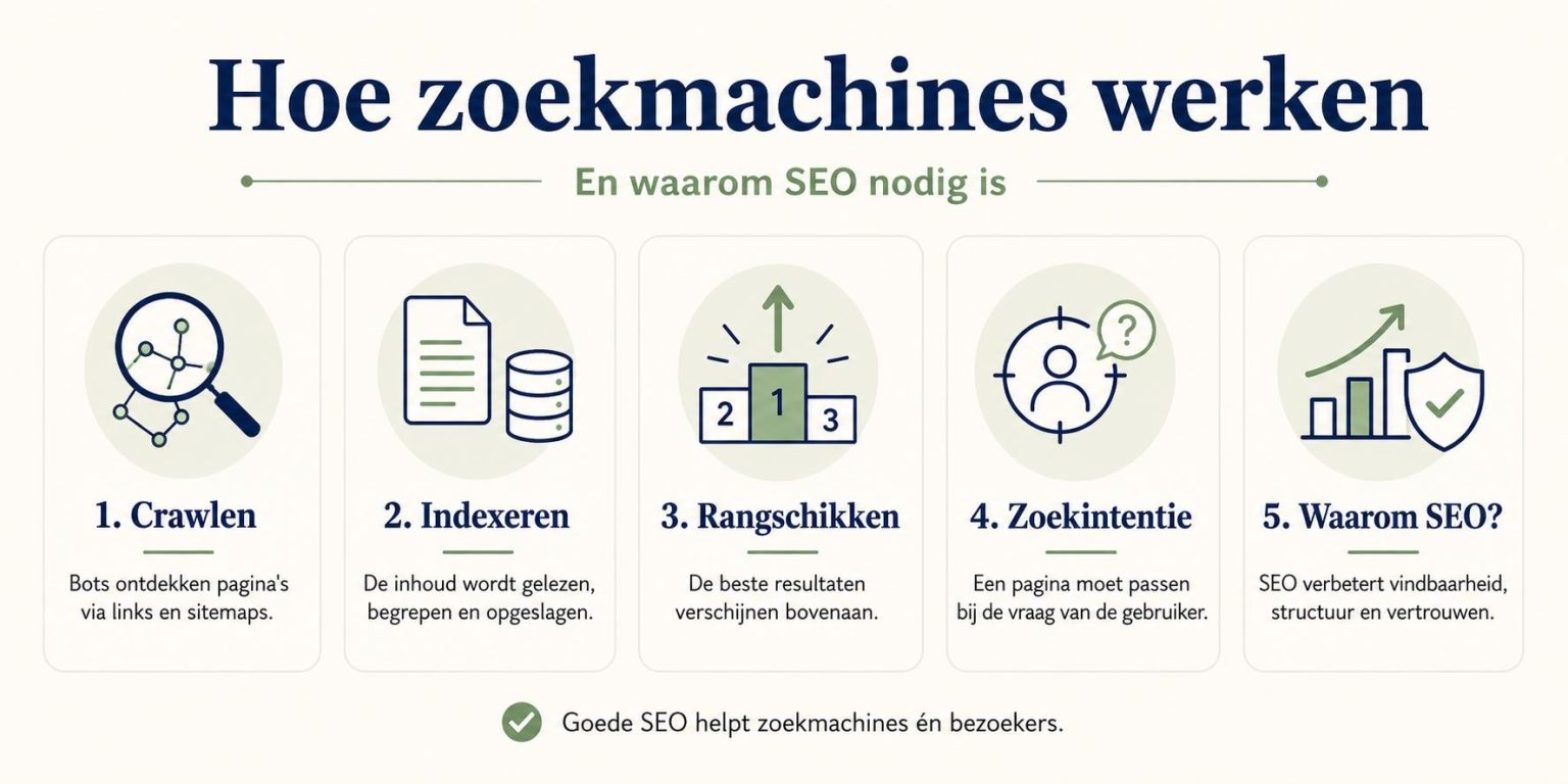 Infographic over hoe zoekmachines werken, toont de drie stappen crawlen, indexeren en rangschikken